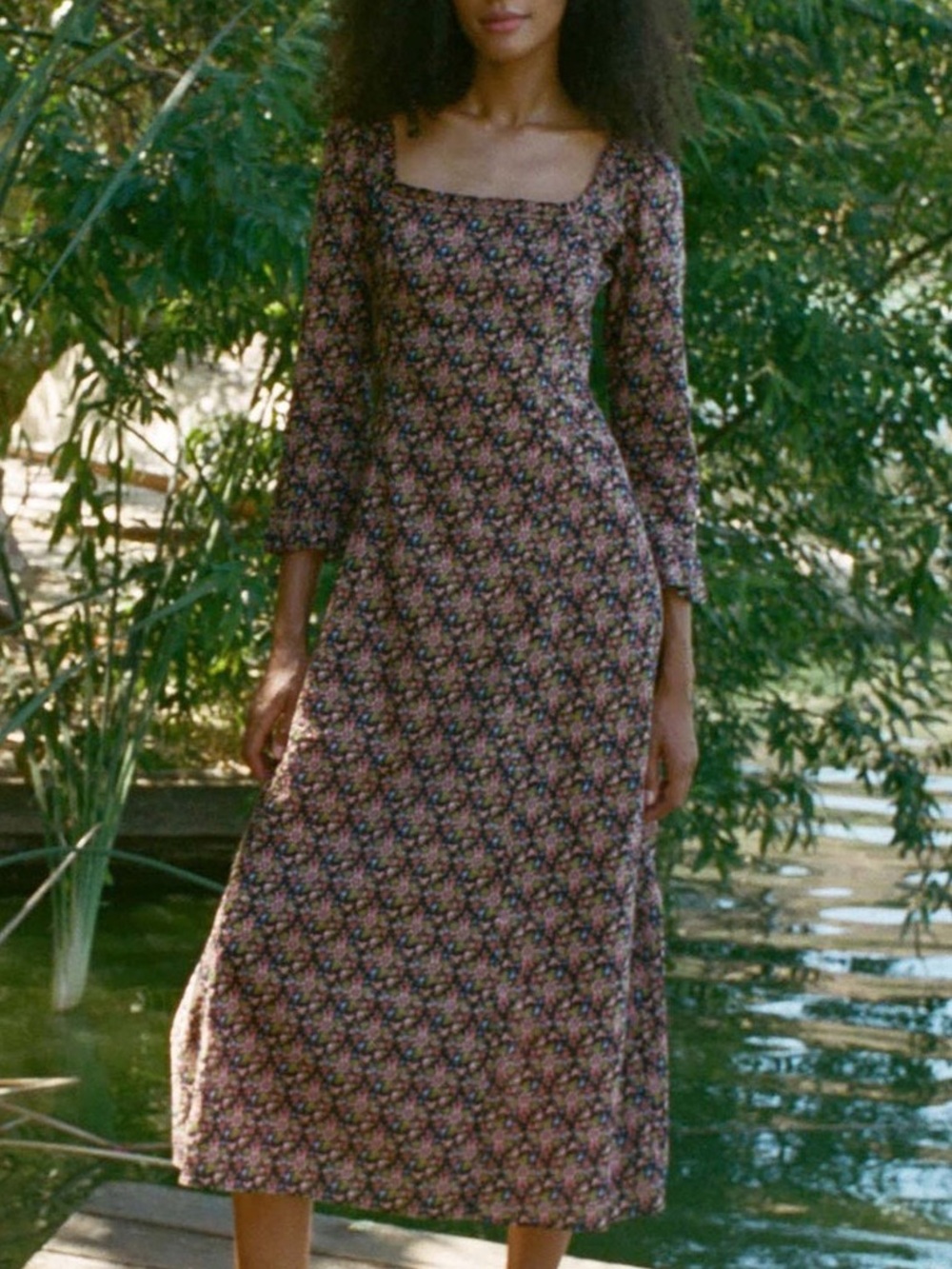 Doen Marisa Cotton Ruffle Long Sleeve Midi Maxi Dress Noir Forest Floral Black
